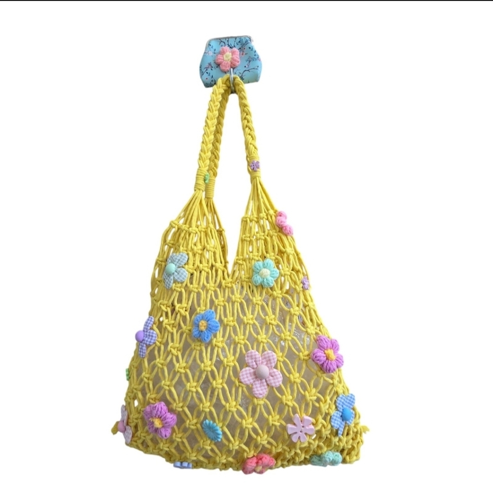 FLR PWR Transformed NWOT Macrame Tote hippie Bag coin purse Handsewn Yellow pink